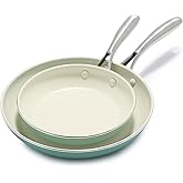GreenLife Artisan Healthy Ceramic Nonstick, 8" and 10" Frying Pan Skillet Set, Stainless Steel Handle, Induction, PFAS-Free, Dishwasher Safe, Oven Safe, Turquoise