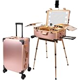 RUKEJUNE Rolling Makeup Train Case with Mirror and Lights Cosmetic Travel Box Mobile Barber Stations with Bluetooth, Speaker, Wheels, Stands Rose Gold