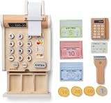Woet White Wooden Toy Cash Register for Kids with Scanner Card Reader view 5