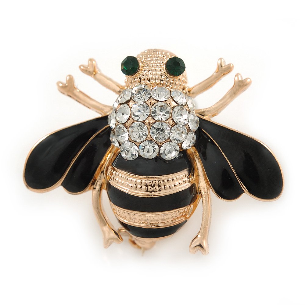 Small Black Enamel, Clear Crystal Bee Brooch In Gold Plating - 30mm