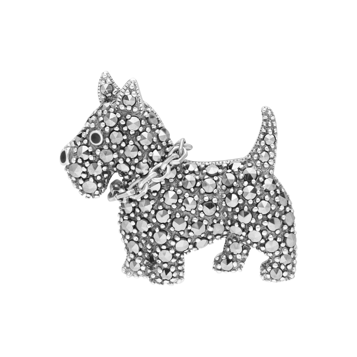 Esse Marcasite Sterling Silver Scottie Dog Brooch Set with Marcasite and Black Enamel