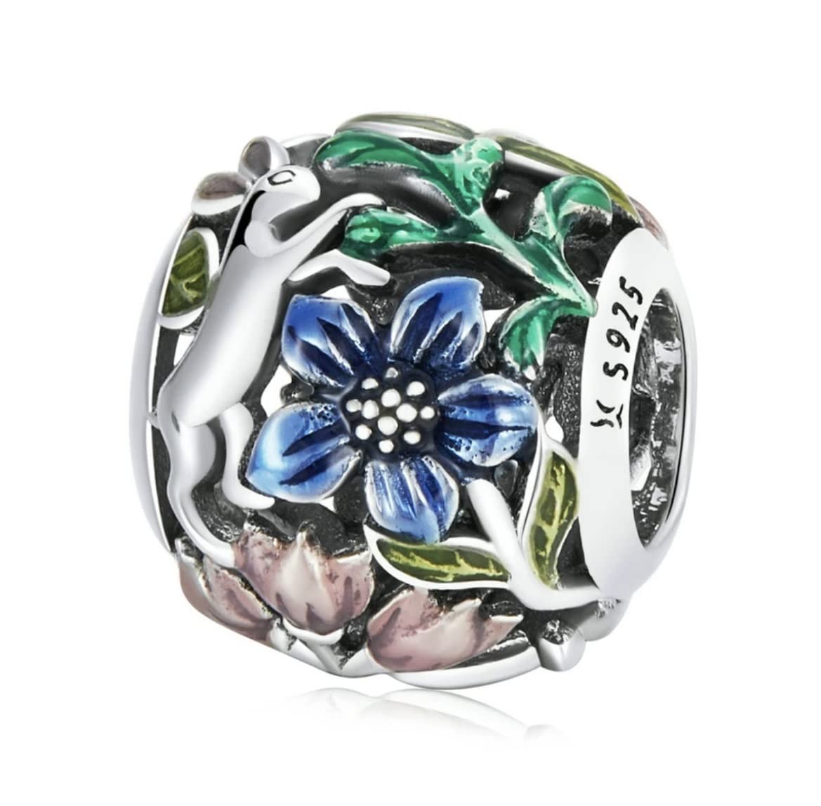 FeatherWish Sterling Silver 925 Charm Rabbit Animal Flower Daisy Rose Tree Bead Fits And Compatible With Pandora Bracelets Gift For Mum Wife Friend Daughter (Rabbit Meadow)