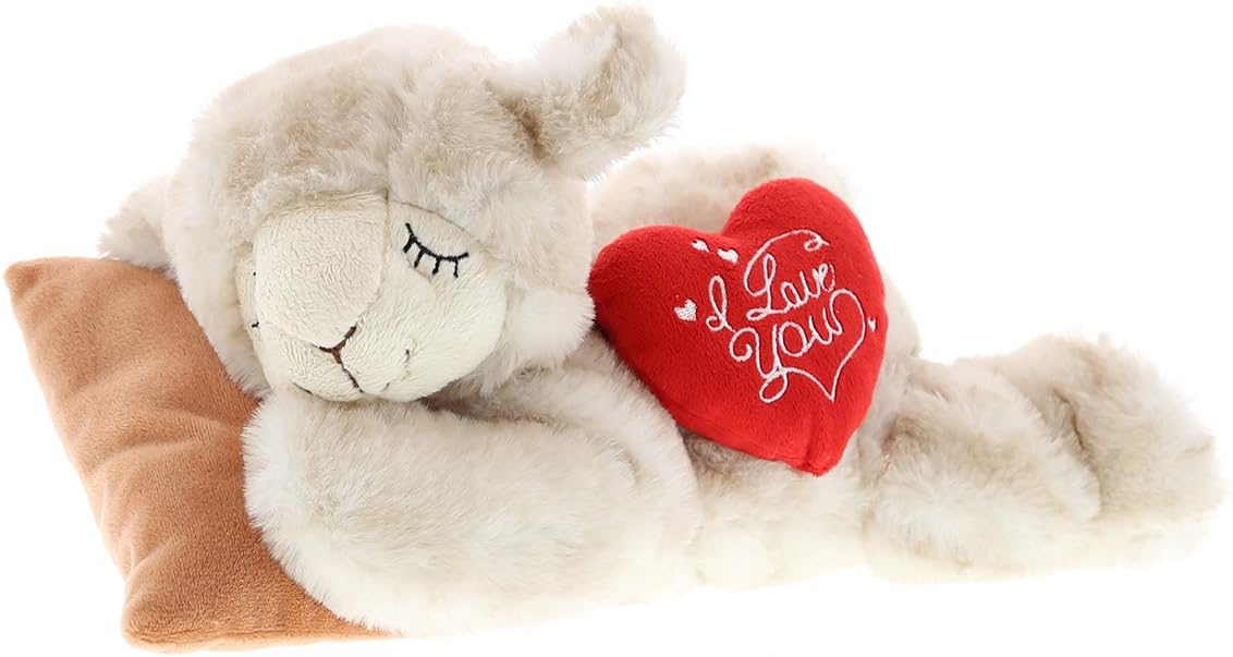 DolliBu Sleeping Sheep With Pillow I Love You Message Stuffed Animal 10 Inch, for Boyfriend or Girlfriend, Cute Teddy Bear with Heart Plush Toy for Friend, Romantic Anniversary or Valentine's Day Gift
