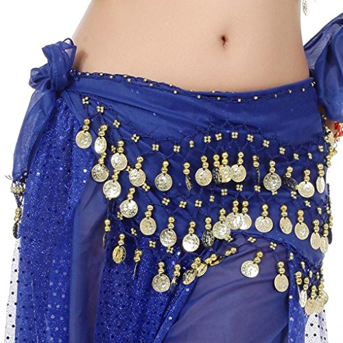 Elaco Belly Dance Hip Skirt Scarf Wrap Belt Chiffon Hipscarf with Gold Coins (Dark Blue)