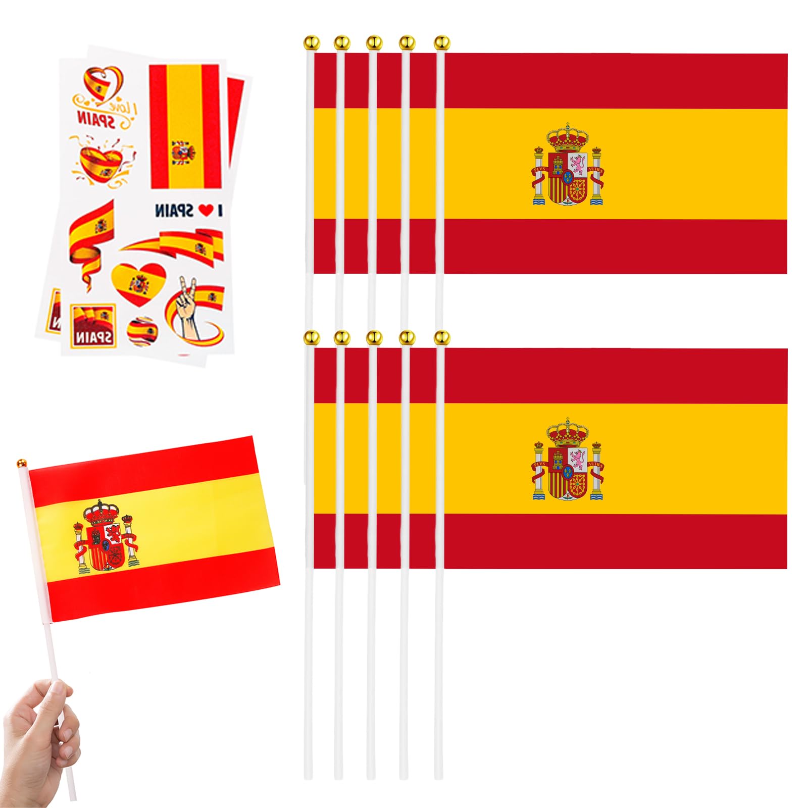 10pcs Small Spain Flags on Sticks & 2pcs Temporary Tattoos for Football 2025 Party,Mini Spanish Flags on Sticks Hand Held Flags for VE Day 80th Events Celebration Spanish Party Decorations — image 1