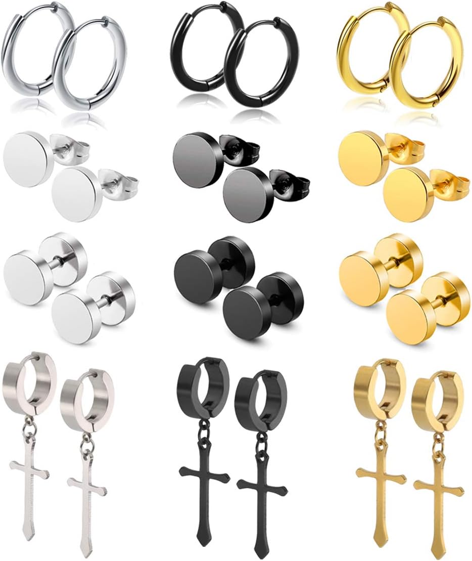 WAINIS 12Pairs Stud Earrings Cross Dangle Hinged Hoop Earrings Set for Men Women Stainless Steel Earring 18G