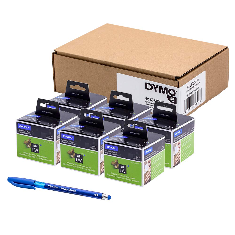6 x Dymo S0722430 Original LabelWriter Large Shipping Labels/Name Badges, 99014, 101 x 54 mm, Roll of 220 - White + PaperMate Pen Gift