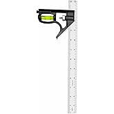 Ryqoru 12-Inch Adjustable Combination Square, Metric &amp; Imperial with Level | 410 stainless steel rule; 1/16 in, 1/8 in and 1 mm graduations; powder-coated aluminum head; 90/45 layouts; marking scriber