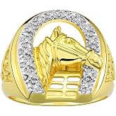 Rylos Men's Ring, Sterling Silver or Yellow Gold Plated Silver designer Lucky Horseshoe with Diamonds, available in sizes 6-13.