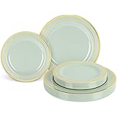Whaline 50 Pcs Light Green Plastic Plates Gold Foil Bordered Disposable Plates Decorative Dinner Dessert Plate for Bridal Shower Wedding Party Supplies Table Decor