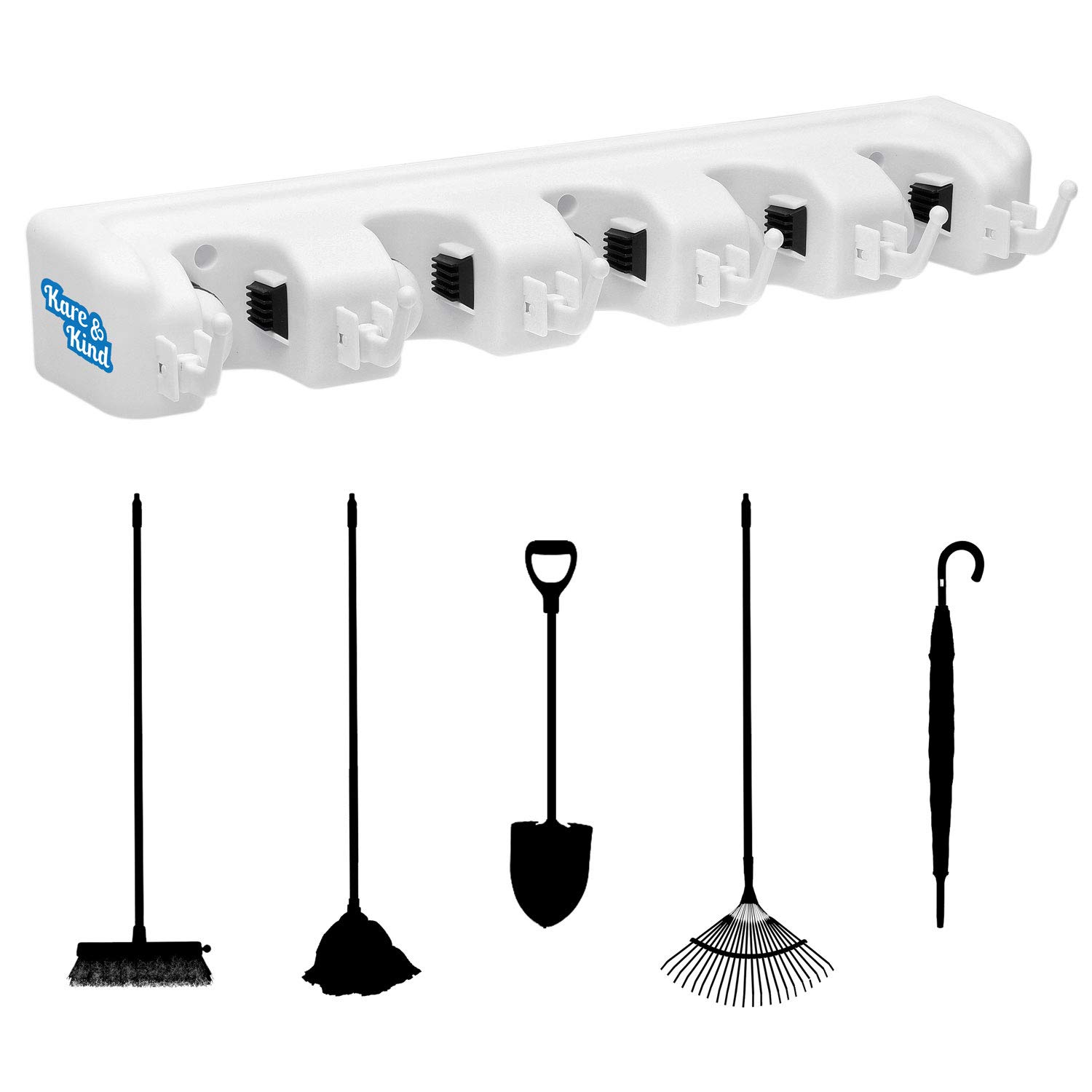 Kare & Kind Broom Holder - Wall Mount Tool Organizer Rack - 5 Slots with Automatic Handle Grips - Perfect for Brooms, Mops, Dusters, Rakes, Shovels, etc. - 6 Foldable Hooks for Smaller Tools/Cloths