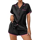 Ekouaer Women's Satin Pajamas Set 2 piece Silky Sleepwear Buttton Down Short Sleeves Top and Shorts Pj Set S-XXL