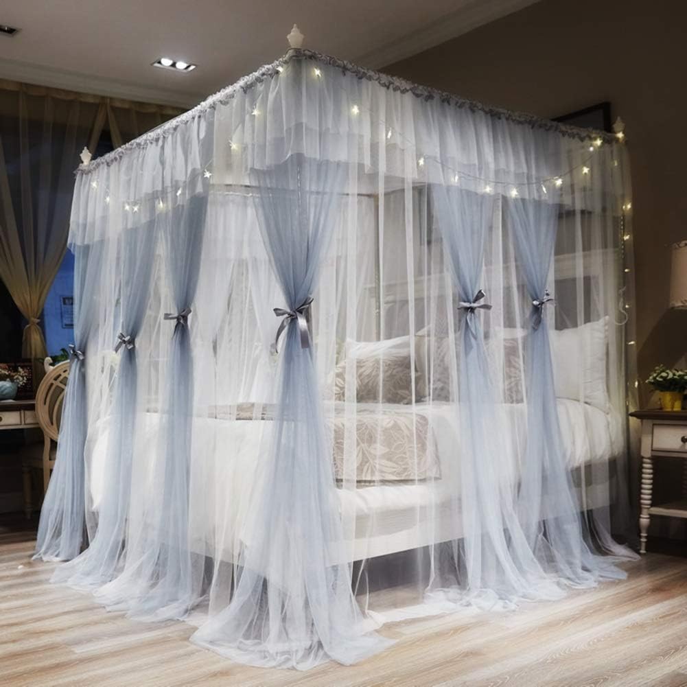 YQ WHJB 3 Openings Mosquito Net,4 Corners Post Canopy Bed Curtains For Double Bed Girls Square Drape Princess Netting Bedding With Lights-f 180x220cm(71x87inch)