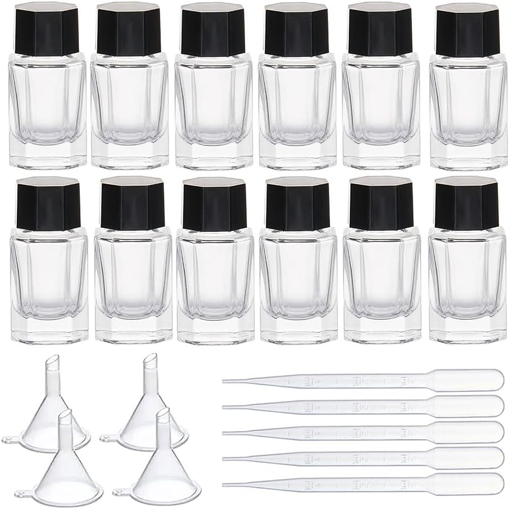 BENECREAT 12 Pack 15ml Glass Fountain Pen Ink Bottles with Plastic Bottle Cap, 4PCS Hoppers and 6PCS 2ml Droppers for Pen Calligraphy