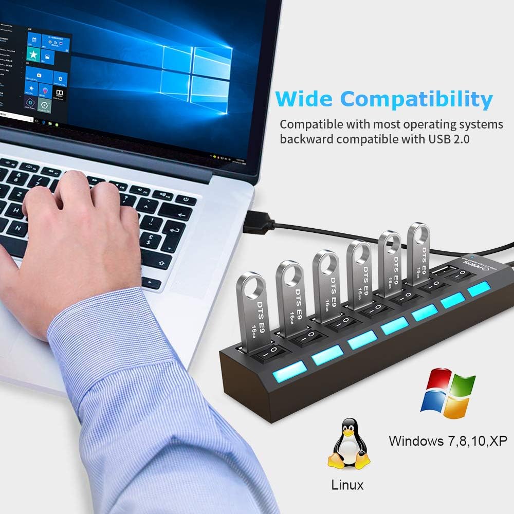 Multi Port USB Splitter, 7-Ports USB 2.0 Hub High Speed ON/Off Individual Switch with LEDs Compatible for All USB Device (7-Ports): Computers & Accessories