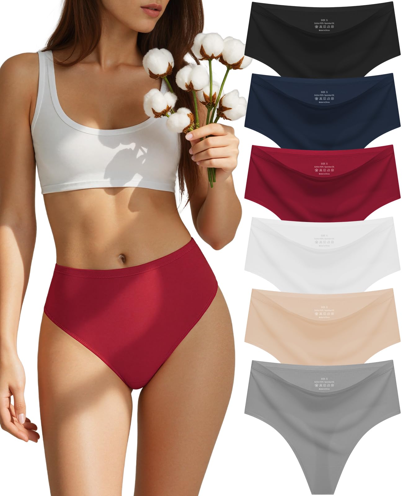 Photo 1 of Seamless Underwear for Women Cotton Thongs High Waisted Soft Breathable No Show Panties Invisible Stretch 6 Pack (US, Alpha, Medium, Regular, Regular, A-6 Color Packs)
