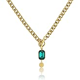 Mauzew 18K Gold Plated Chunky Chain Necklace for Women Thick 8mm Cuban Curb Chain Green CZ Pendant Toggle Necklace Trendy Jewelry Christmas Gifts