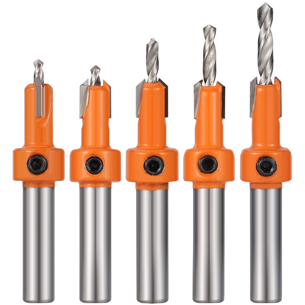 Heyu-Lotus 5 Pcs HSS Countersink Drill Bit Set, Woodworking Chamfer Screws Hole Drills Bit for Wood Drilling, Plastic, Drilling Holes