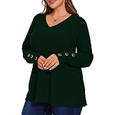 MONNURO Womens Plus Size Tops V Neck Long Sleeve Button Lightweight Tunic Sweaters Shirts Loose Fit