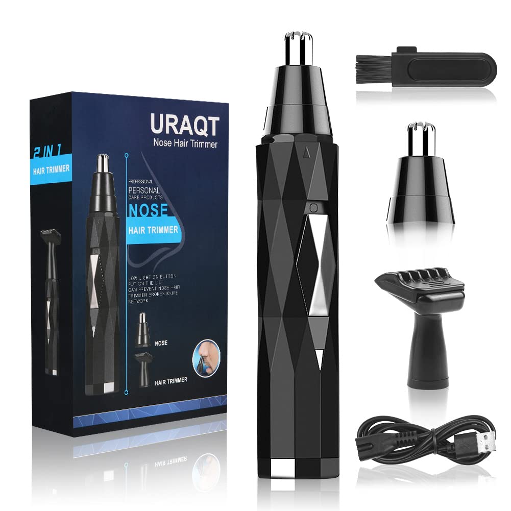 URAQT Nose Hair Trimmer for Men, 2-in-1 Painless Nasal and Ear Hair Trimmer Clipper, USB Rechargeable Facial Hair Trimmer Lightweight Detail Trimmer with Dual Edge Blades, IPX7 Waterproof