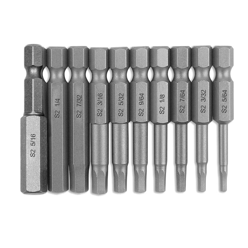 Bestgle 10Pcs 50mm Magnetic Inner Hexagon Head Screwdriver Bits Set SAE Hex Head Allen Wrench Drill Bit Set with 1/4 Inch Hex Shank, 5/64-5/16