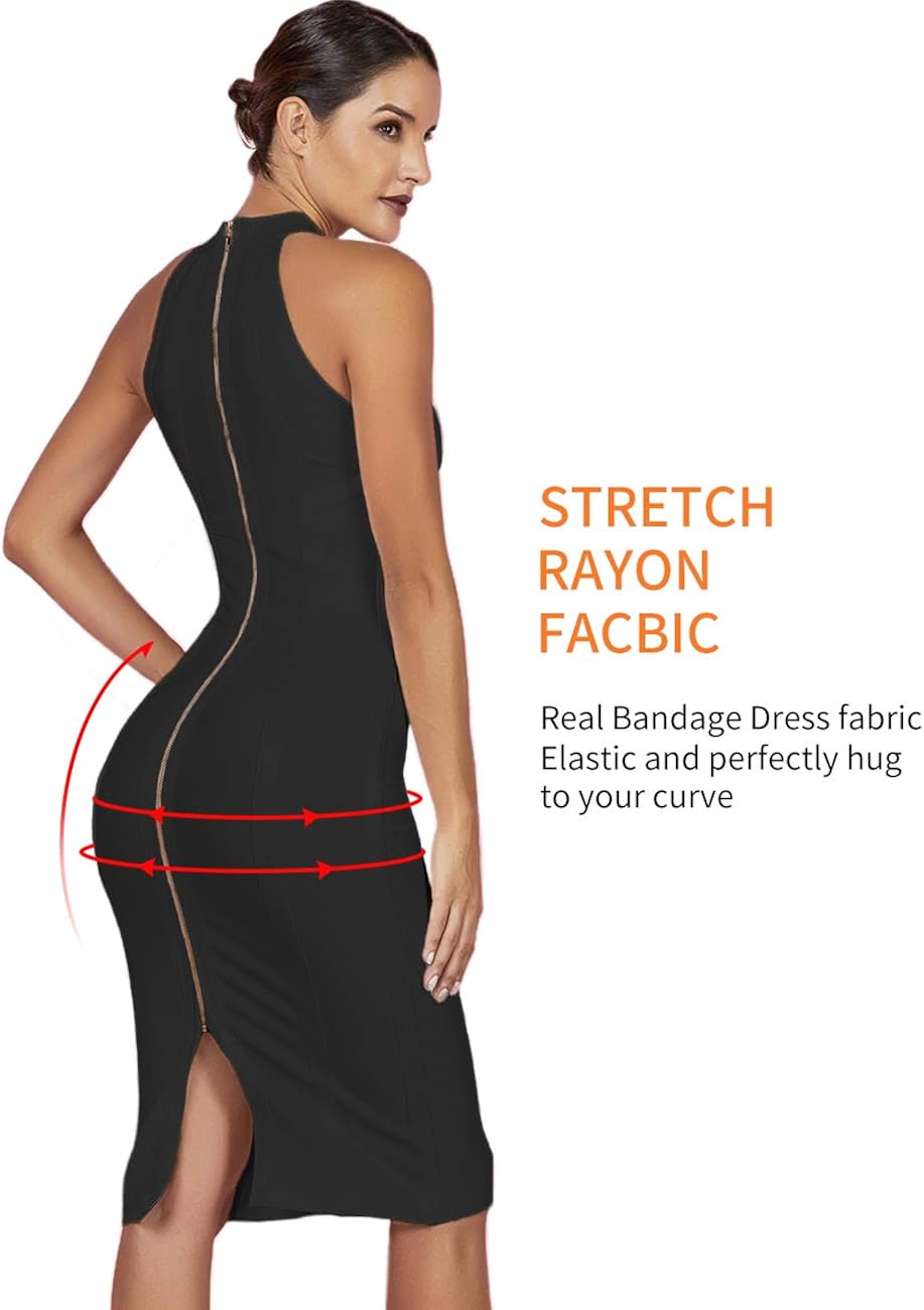 Maketina Womens High Neck Sleeveless Striped Bodycon Midi Cocktail Party Bandage Dress
