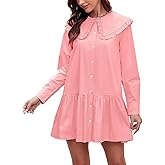 Kedera Women Shirt Mini Dress Button Down Ruffle Dress Long Sleeves Shift Dresses Peter Pan Collar Dresses