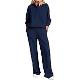 PRETTYGARDEN Women Fall 2 Piece Outfits Sweatsuits Quarter Button Long Sleeve Sweatshirt Wide Leg Pants Tracksuit Lounge Sets