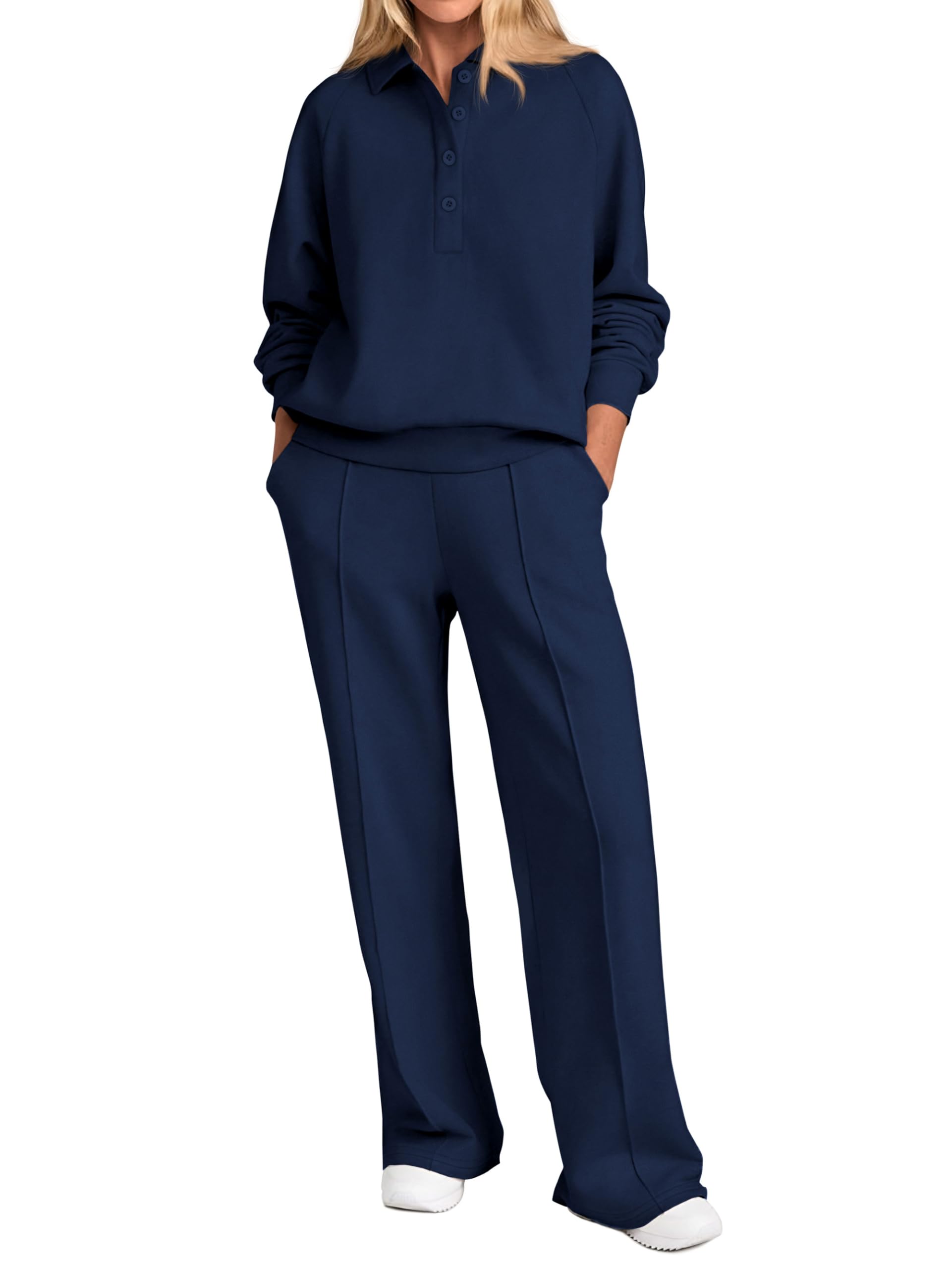 Photo 1 of PRETTYGARDEN Women Fall 2 Piece Outfits Sweatsuits Quarter Button Long Sleeve Sweatshirt Wide Leg Pants Tracksuit Lounge Sets(Navy,Medium)