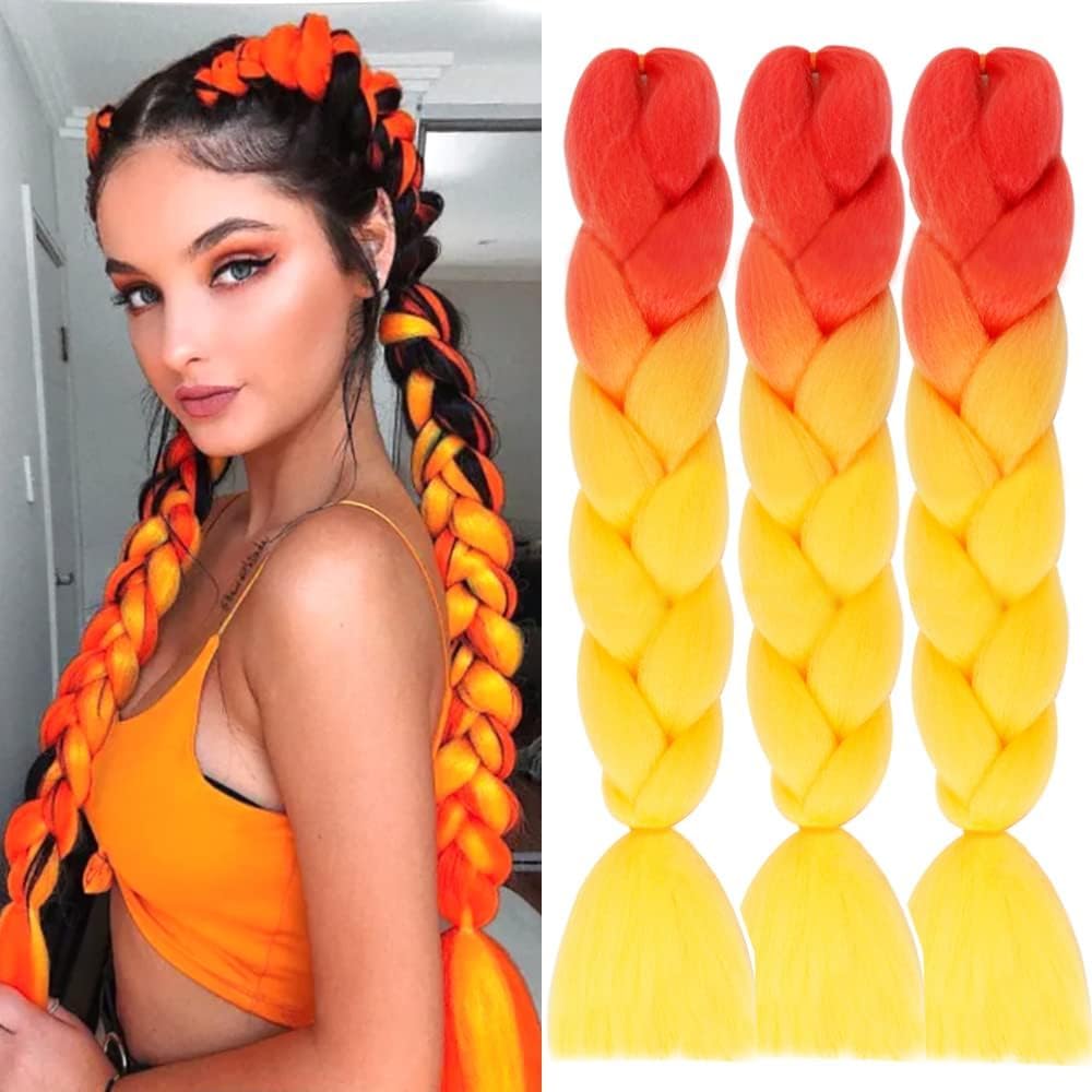 Colorfulpanda Jumbo Braiding Hair Extensions Ombre Color 2 Tone Yaki Texture Synthetic Kanekalon Hair Extensions Artificial Braiding Hair 24inch 3 Pcs orange to neon yellow โ image 1
