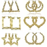 6 Pairs Large Bamboo Shaped Hoop Earrings Set Gold Plated Statement Hip-Hop Earrings for Women Jewelry