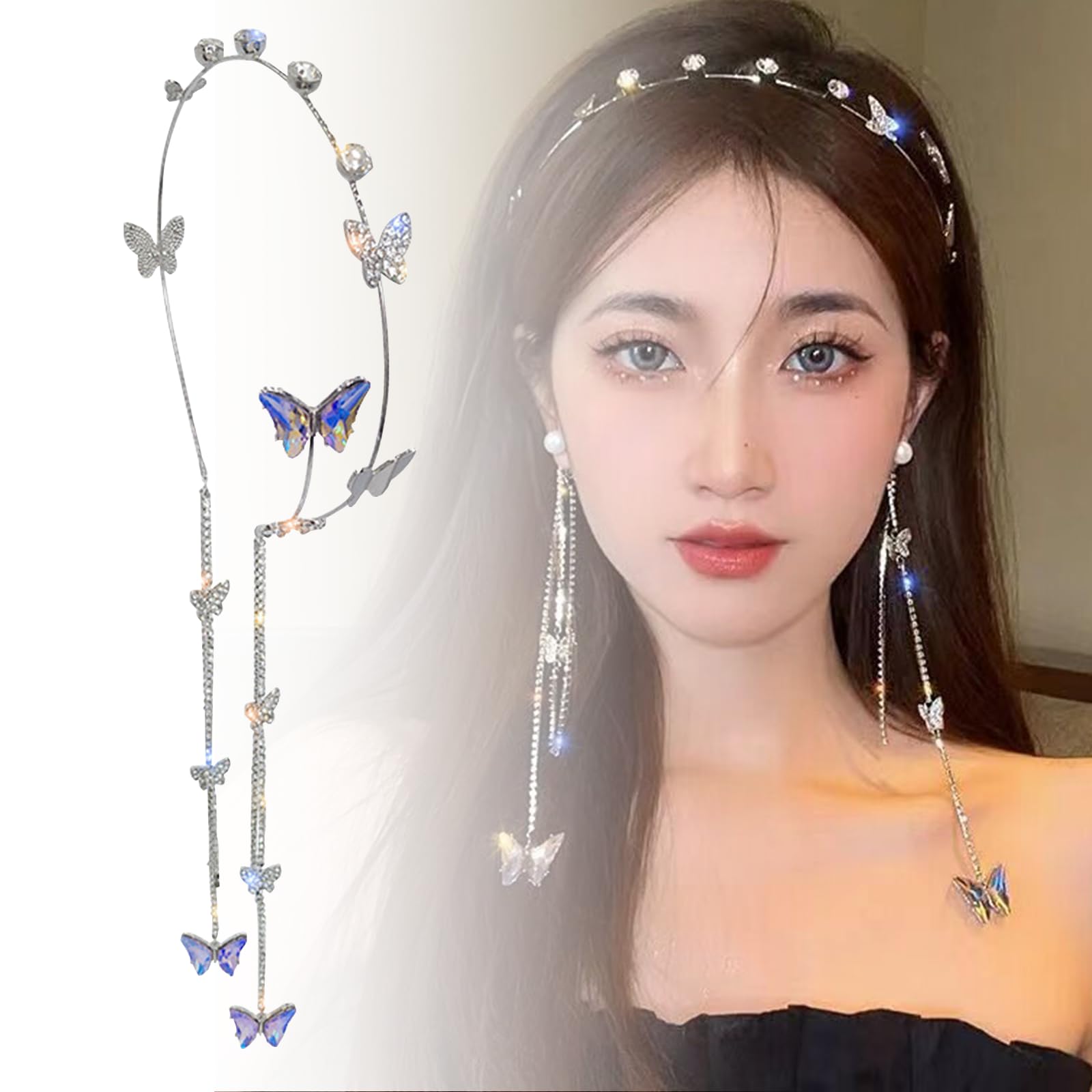 One Piece Rhinestone Crystal Wedding Butterfly Headband Beautiful Charming Rhinestone Fairy Headband with Chain for Women and Girls