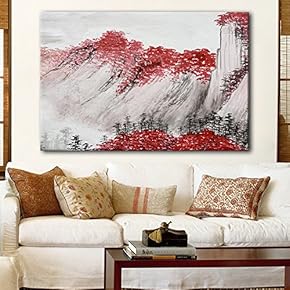 Canvas Wall Art - Chinese Ink Painting Style Red Mountains with Red Trees During Fall Season - Giclee Print Gallery Wrap Modern Home Art Ready to Hang - 12x18 inches