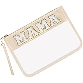 Iqimott Chenille Clear Letter Mama Bag Flat Pouch, Monogram Glitter Letter Patch Makeup Cosmetic Bag Zipper Toiletry Pouch, Portable Travel Beach Snack Wristlet Bags for Women Girls(Mama, Beige)