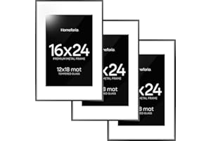 Homeforia 16 x 24 Picture Frame Black, High End Metal 24x16 Poster Frame, 16 x 24 Black Frames Matted to 12 by 18 inch Print, 24by16 Thin Frame with Mat 12x18 Photo, Tempered Glass, Wall Kit, Set of 3