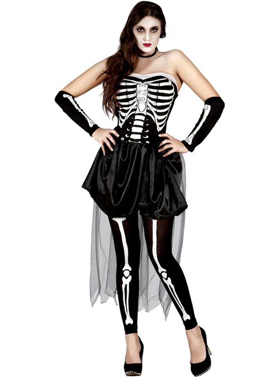 Ladies Skeleton Bones Scary Halloween Party Outfit Fancy Dress Costume Medium