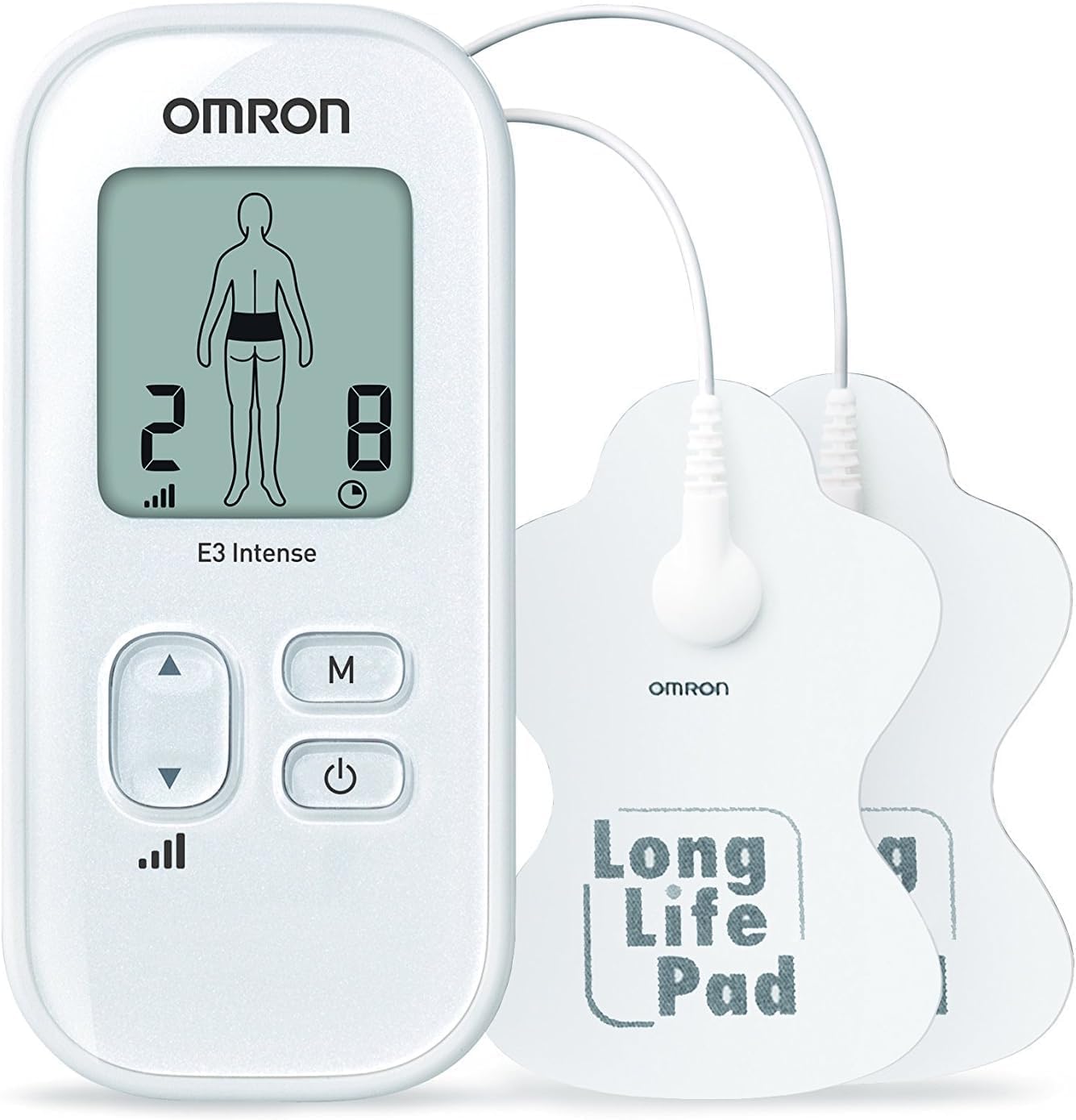 Omron E3 Intense TENS-Gerät – Anpassbare Schmerztherapie mit 6 Programmen, 3 Massage Programmen, 15 Intensitätsniveaus und langlebigen, wiederverwendbaren und waschbaren Pads