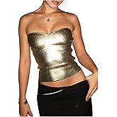 MakeMeChic Women's Summer Metallic Tube Top Strapless Bandeau Shirt Party Crop Tops