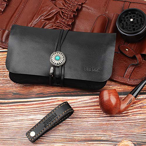 FIREDOG Tobacco Pouch, Genuine Leather Pipe Pouch Vintage Rolling Smoking Travel Folding Tobacco Bag Carrying Storage Holder(Black)