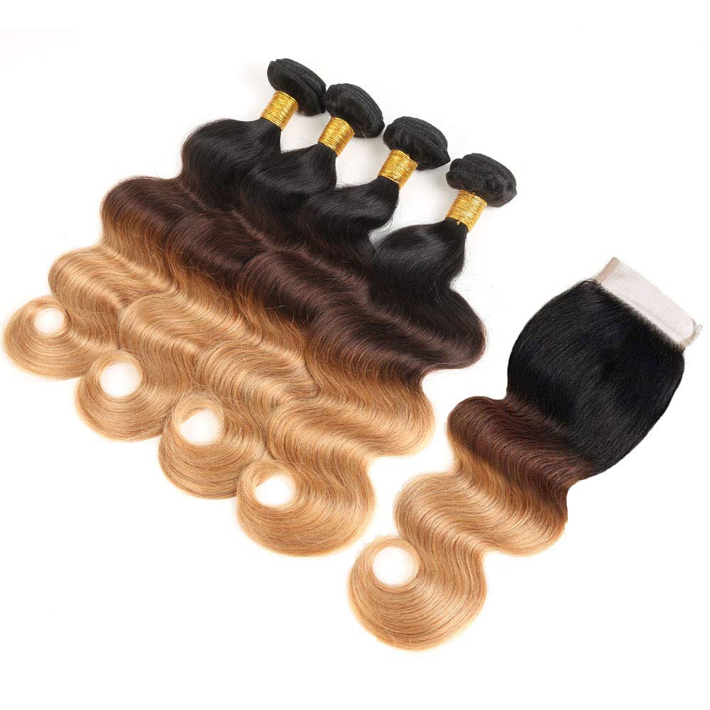 Photo 1 of ???????? Ombre Human Hair Bundles with Closure 100% Unprocessed Virgin Brazilian Human Hair Body Wave 4 Bundles with 4x4 Lace Closure Free Part (10 10 10 10+10#T1B/4/27)