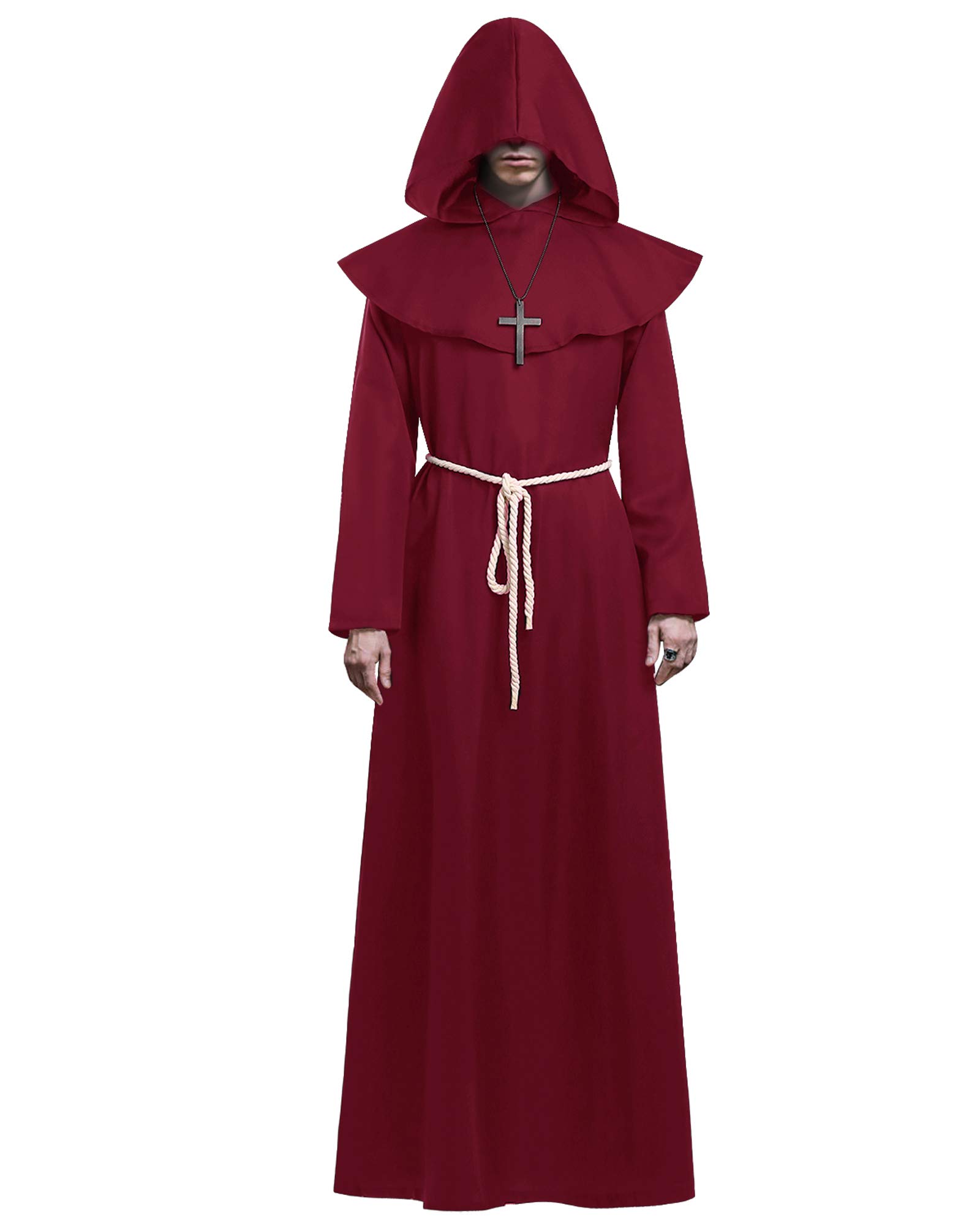 KONVINIT Monk Robe Mens Halloween Costumes Red Medieval Friar Hooded Monk Renaissance Priest Robe Vicar Costume Monk Outfit for Adult,red M