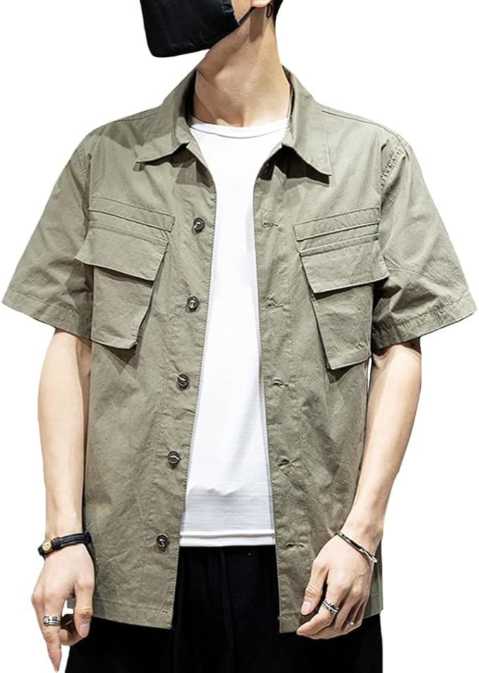 HAORUN Men Cargo Shirt Regular Fit Short Sleeve Summer Casual Tops Retro Solid Color Amazon.co