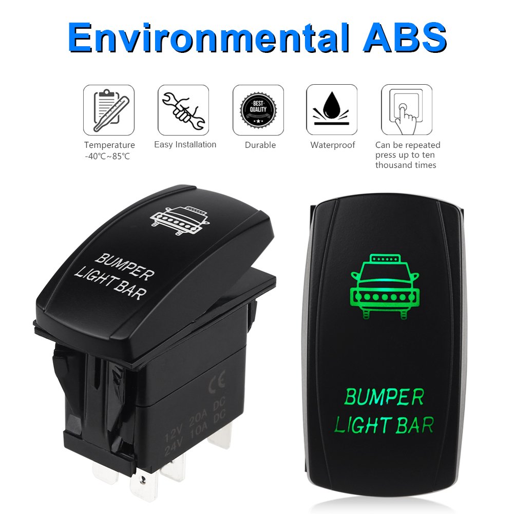 WATERWICH Bumper Light Bar Illuminated Rocker Toggle Switch Waterproof with Jumper Wires Set ON-Off DC 20A 12V/10A 24V 5pin/SPST Toggle Rocker Switch for Auto Truck Boat Marine RV (Green)