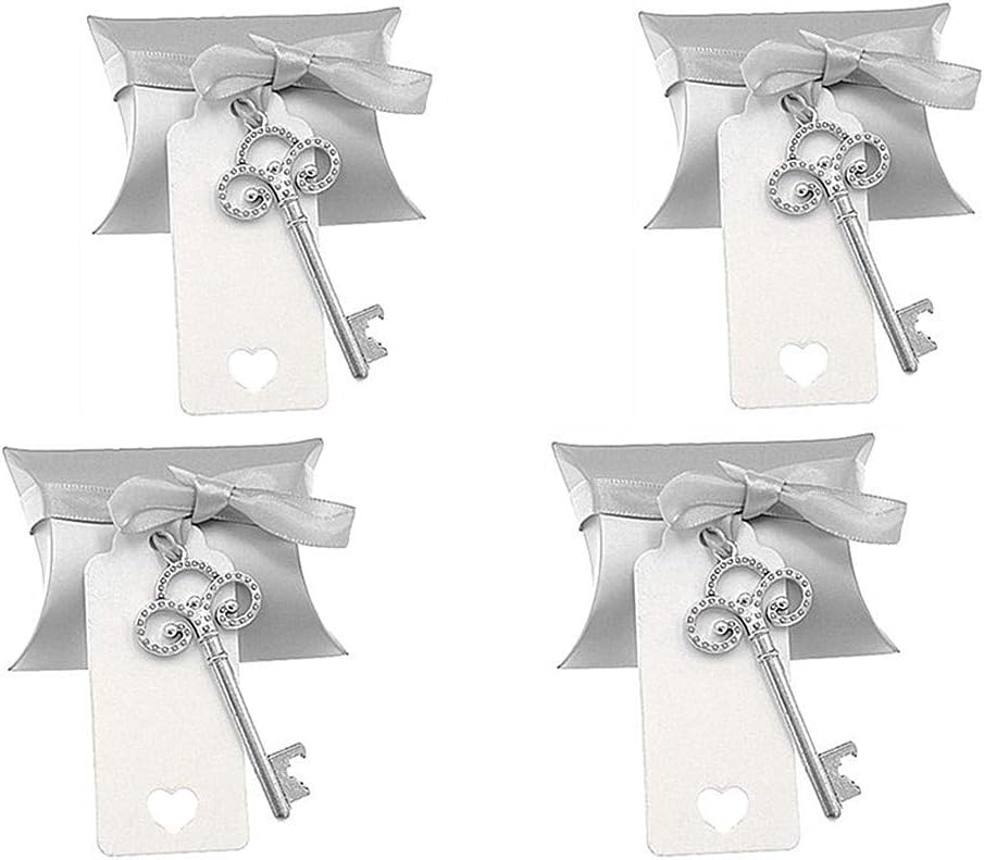 Kinteshun Wedding Party Favor Set,Skeleton Key Bottle Openers Candy Box Escort Card Tag and Ribbon(40pcs,Silver Keys)