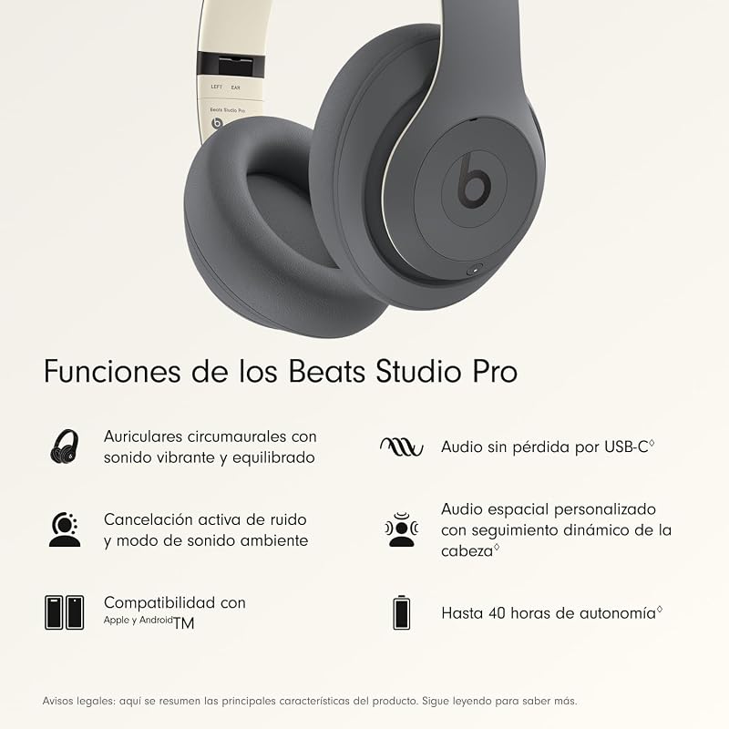 Studio Pro - Auscultadores Bluetooth sem fios com cancelamento de ruído - Áudio espacial personalizado, compatibilidade Apple e Android - Cinzento Areia