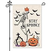 Xipromi Stay Spooky Garden Flag, Funny Skeleton Pumpkin Halloween Yard Decor, Halloween Haunted Lawn Porch Farmhouse Outdoor Décor, Spooky Season Yard Sign House Decoration Banner