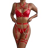 Myilewjt Women's Exotic Lingerie Sets Sexy Strappy Leather Rave Outfits Babydoll Garter with Underwire Push Up Bra and Chains