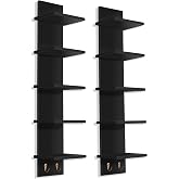 Sorbus 5-Tier Floating Wall Shelf with Hooks, 31 Inch (2 Pack, Black) | Vertical five-level utility organization for kitchens, bedrooms and bathrooms; holds towels and mounted essentials.