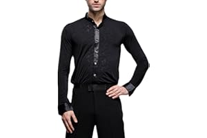 YILINFEIER Black Dress Shirt for Men Wrinkle Free Mens Button Down Shirts Long Sleeve for Ballroom Latin Tango Dance