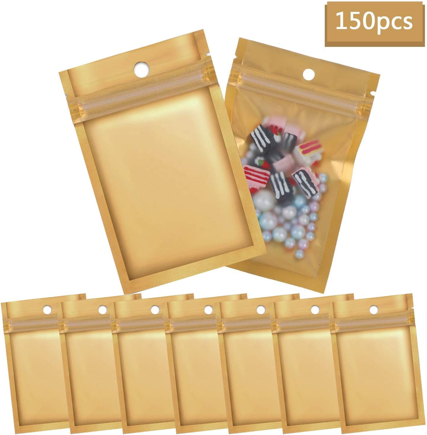 AOPOO 150 Pack Mylar Zip Lock Bags Resealable Aluminum Metallic Foil Mylar Flat Ziplock Bag 7.5 x 12 cm/ 3 x 4.7 Inch (Gold)